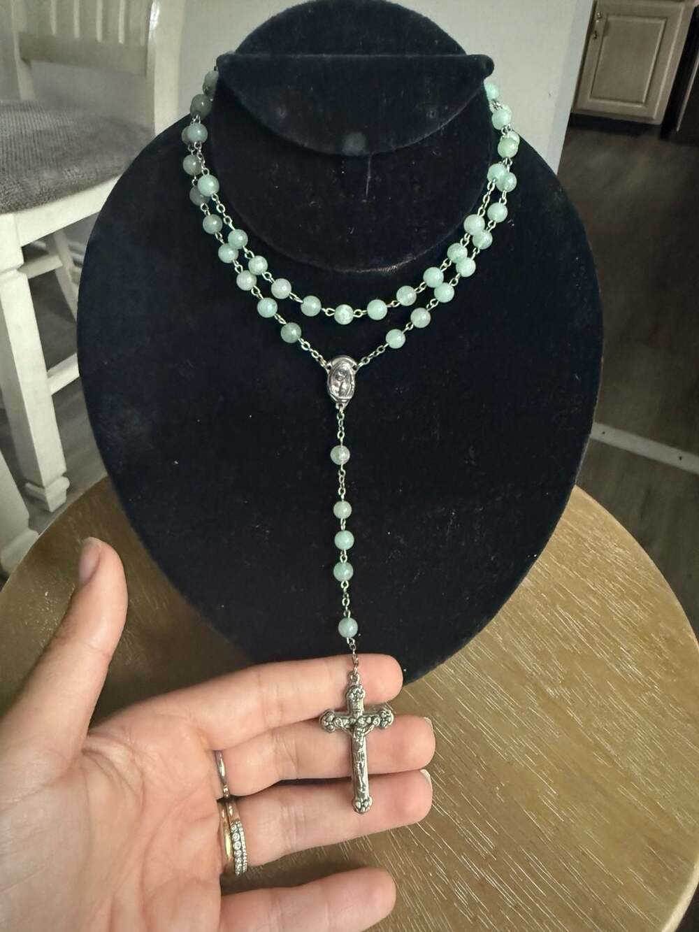 Italy Rosary Necklace Green Beaded Silver-Tone Crucifix